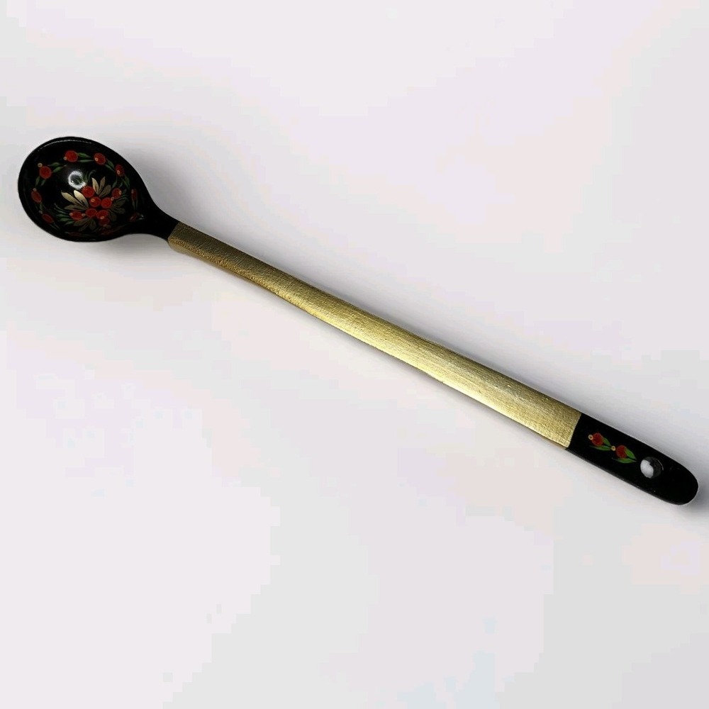 Vintage Khokhloma Russian Wood Spoon Hand Painted Floral Gold Black 15.5 Inch